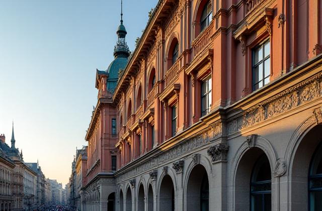 Historisches Gebäude mit kunstvollen Terrakotta-Elementen an der Fassade in Wien