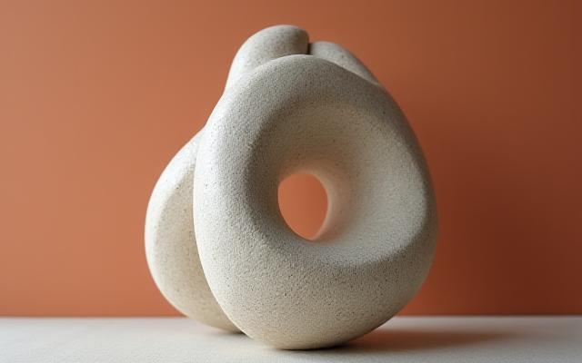 Abstrakte Keramikskulptur in erdigen Tönen vor einem modernen Hintergrund