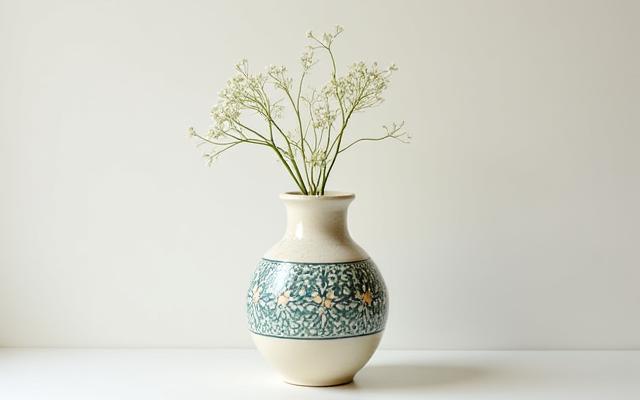Handgefertigte Keramikvase mit traditionellem Muster und floralen Akzenten