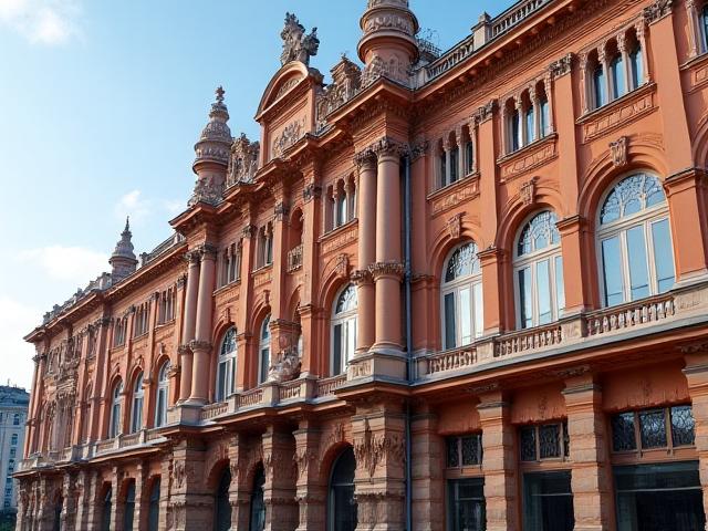 Meisterhaft gefertigte architektonische Terrakotta-Fassade in einem historischen Gebäude.