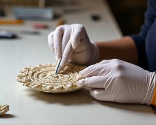 Ein Keramikkonservator restauriert vorsichtig ein antikes Keramikobjekt